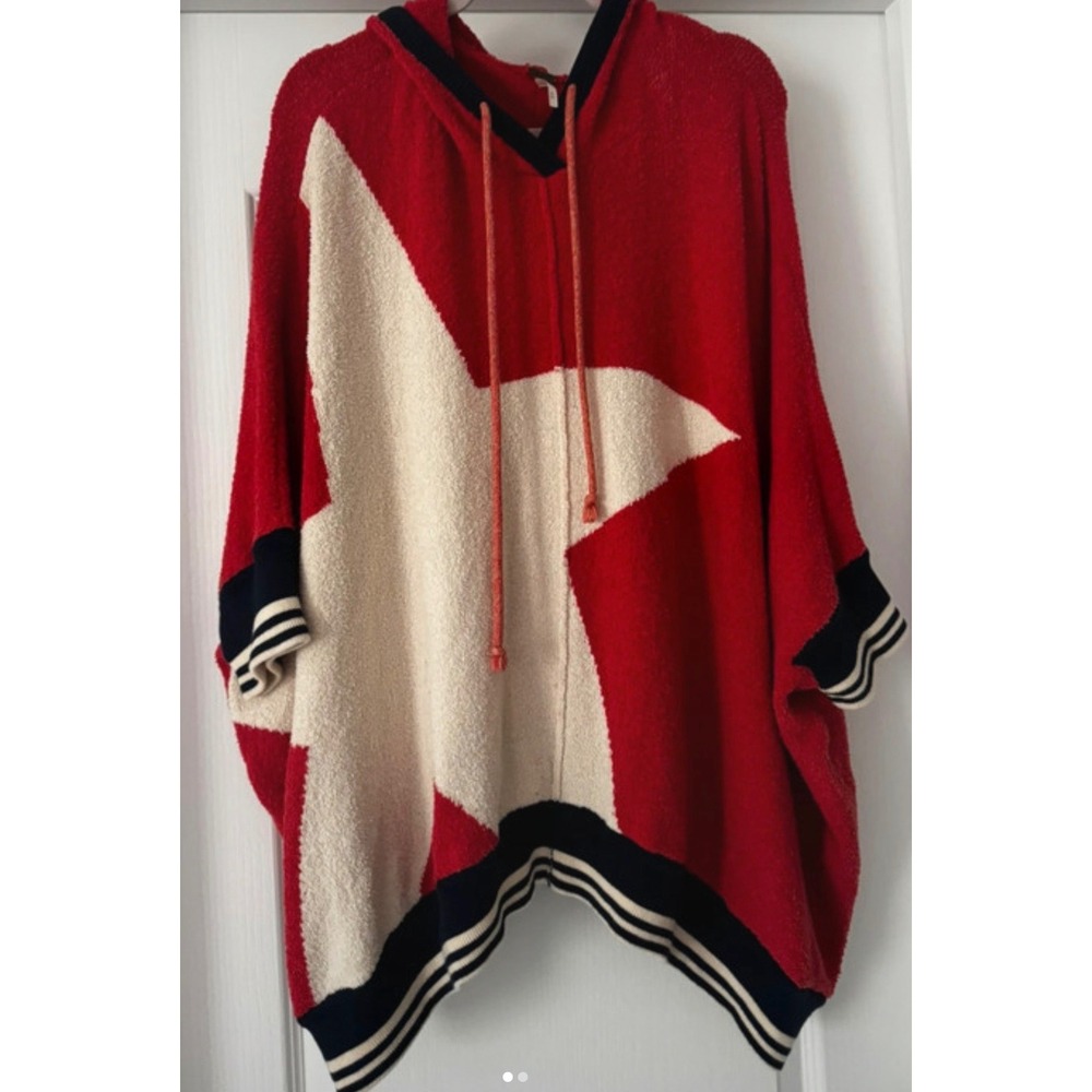 Free People Know Places Red Star Hooded Poncho Sweater Striped Trim Oversized